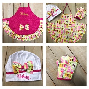 PERSONALIZED Apron Custom Apron Child Apron flour cream kitchen Apron matching oven mitt toddler Apron birthday gift little girl apron