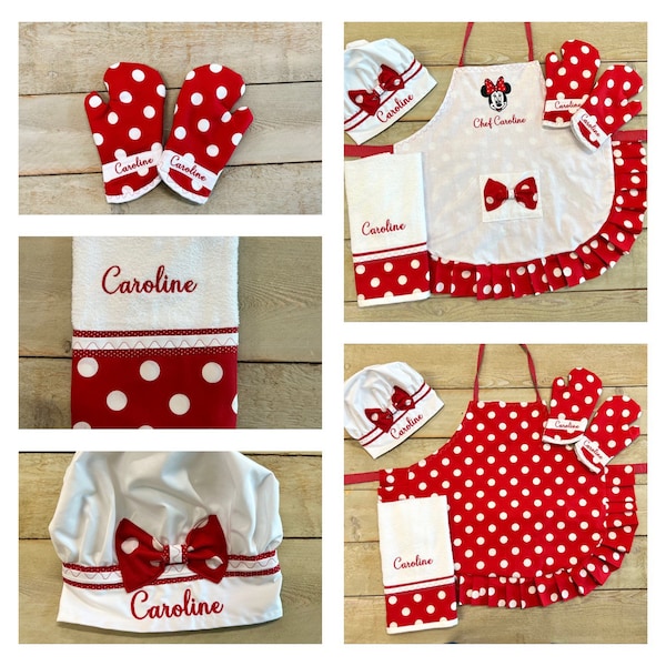 Tablier Minnie mouse, tablier enfant, tablier personnalisé, chapeau de chef, mitaines de four, TUMBLER, cadeau d'anniversaire enfant tablier petite fille, tablier enfant en bas âge