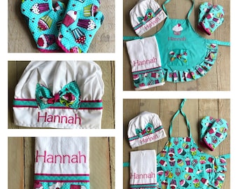 Personalized Cupcake Apron: Ruffled Kids Apron, Chef Hat Set custom made for children and adults FREE personalization