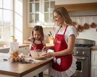 Custom Embroidered Heart Apron: Personalized Child's Chef Set, matching oven mitts, free personalization, toddler apron