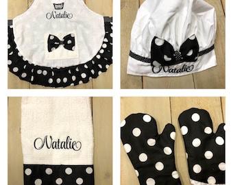 Black and white Custom kid Apron Personalized Apron matching oven mitts PERSONALIZED Apron birthday gift little girl apron toddler apron