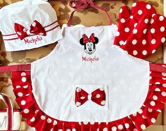 Personalized Minnie Mouse Apron Set: Child's Chef Hat & Oven Mitts Custom made to order aprons for children and adults