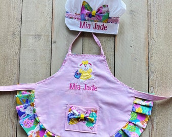 Easter Apron PERSONALIZED Apron Chef hat mitts little girl apron child apron bunny Easter eggs basket gifts birthday toddler apron gift