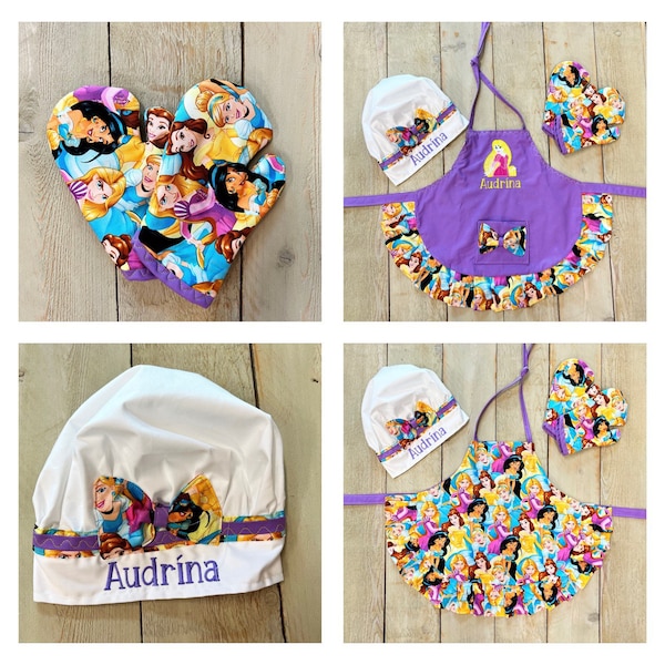 Rapunzel  Custom Embroidered  Apron Child Rapunzel Personalized apron with matching hot pads oven mitts PERSONALIZED kid apron gifts