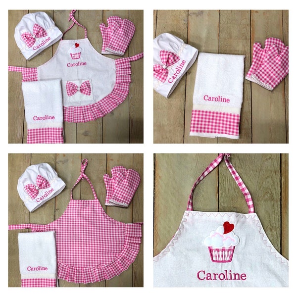 GINGHAM Custom Brodered Tablier Chef Hat Tablier petite fille Tablier tout-petit Tablier cadeaux cupcake tablier personnalisé fait sur commande tablier adulte