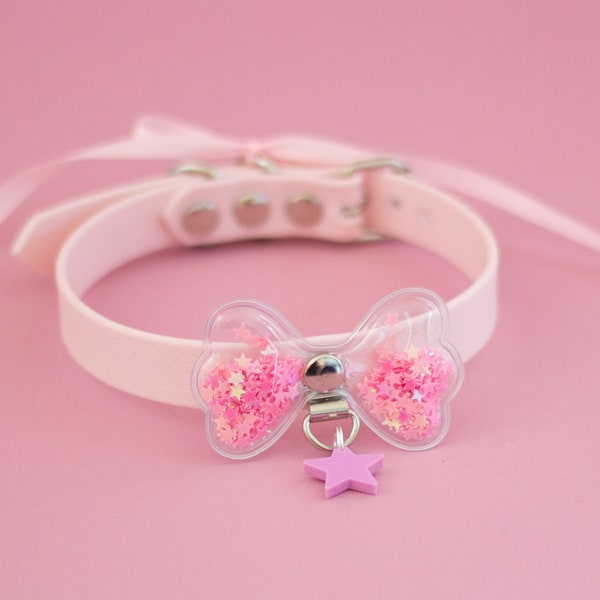 Vegan Baby Pink BDSM Collar with pink Star glitter bow - Babygirl kink Kitten play fetish bondage