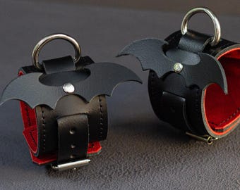 Leather Bat Wrist cuffs , Black with Red Suede Lining - Restraints BDSM Goth