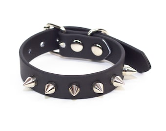 May include: A black leather dog collar with silver metal studs and a buckle closure.