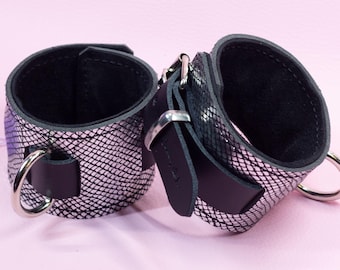 Bondage Wrist Cuffs - Silver Dragon Scale Leather lined with Black Suede Hypoallergenic BDSM Kink Kitten Play Valentines Sexy Gift