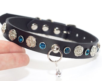Black Leather Collar with Rose studs and Aqua Crystals - Choose Size