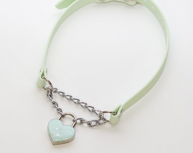 SAMPLE SALE - 13-17'' Pale Mint Green Biothane Martingale collar with Glittery Heart Lock