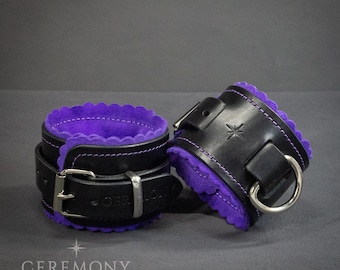 Luxury Italian Leather Wrist Cuffs - Black lined with Purple Suede - With Star detail