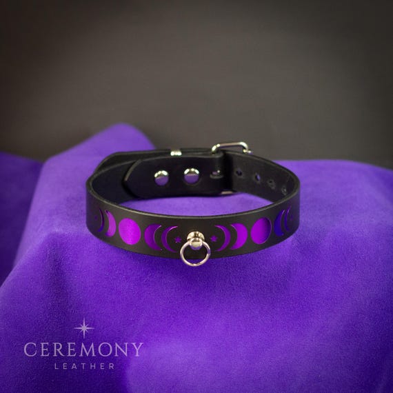 Celestial Moon Phase Leather Collar Purple & Black - Top Grain Italian Leather, choose size