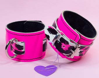 Neon Pink Bondage wrist Cuffs – Cyber Leopard print, Black Suede Lining