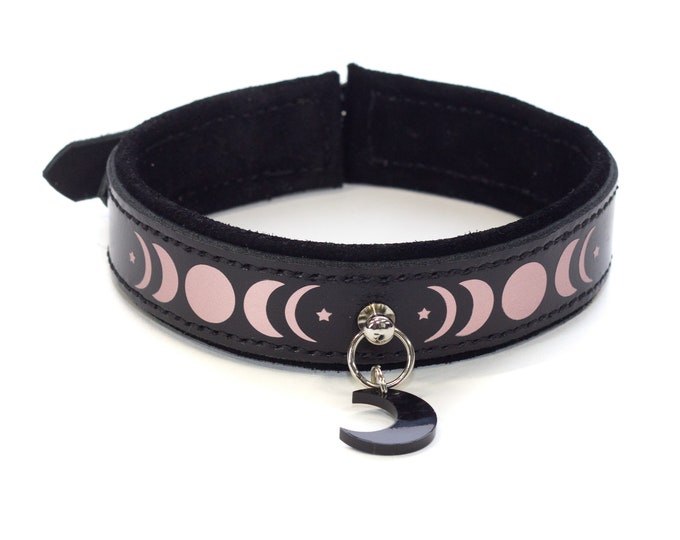 CHOOSE SIZE Suede Lined Hand Stitched Black Leather Rose Gold Moon Phase Collar choker with black moon charm  -BDSM submissive fetish Mature
