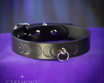 Celestial Moon Phase Collar in embossed Top grain Italian Leather