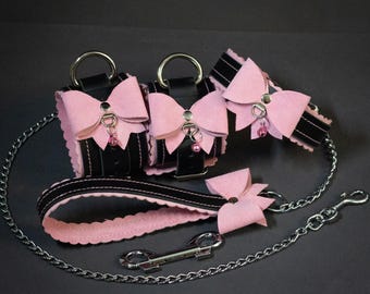 Leather Bondage Set - Wrist Cuffs, Collar and Leash with Pink Bows and Suede Lining -  Handmade in Wales