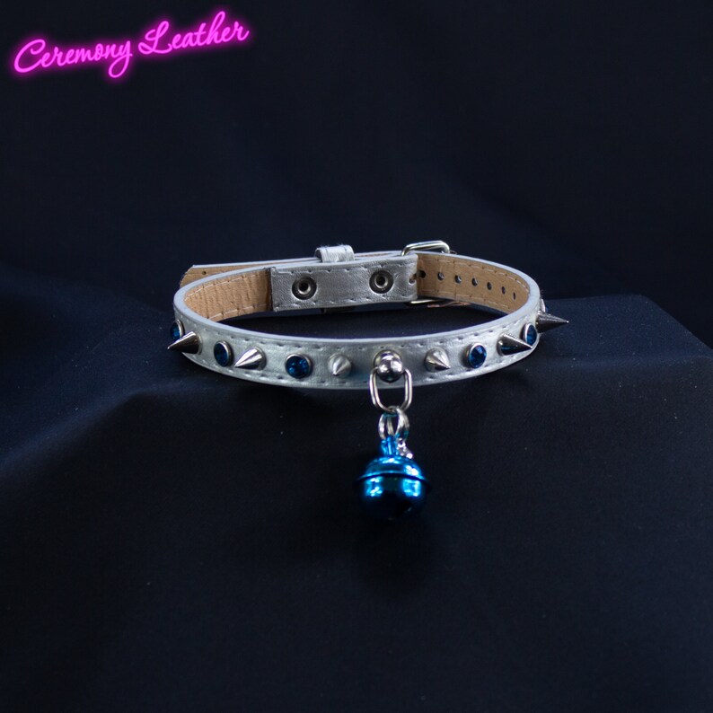 11-14 Silver Vegan Aqua crystal and silver spike collar choker bdsm collar kittenplay littlespace submissive MATURE