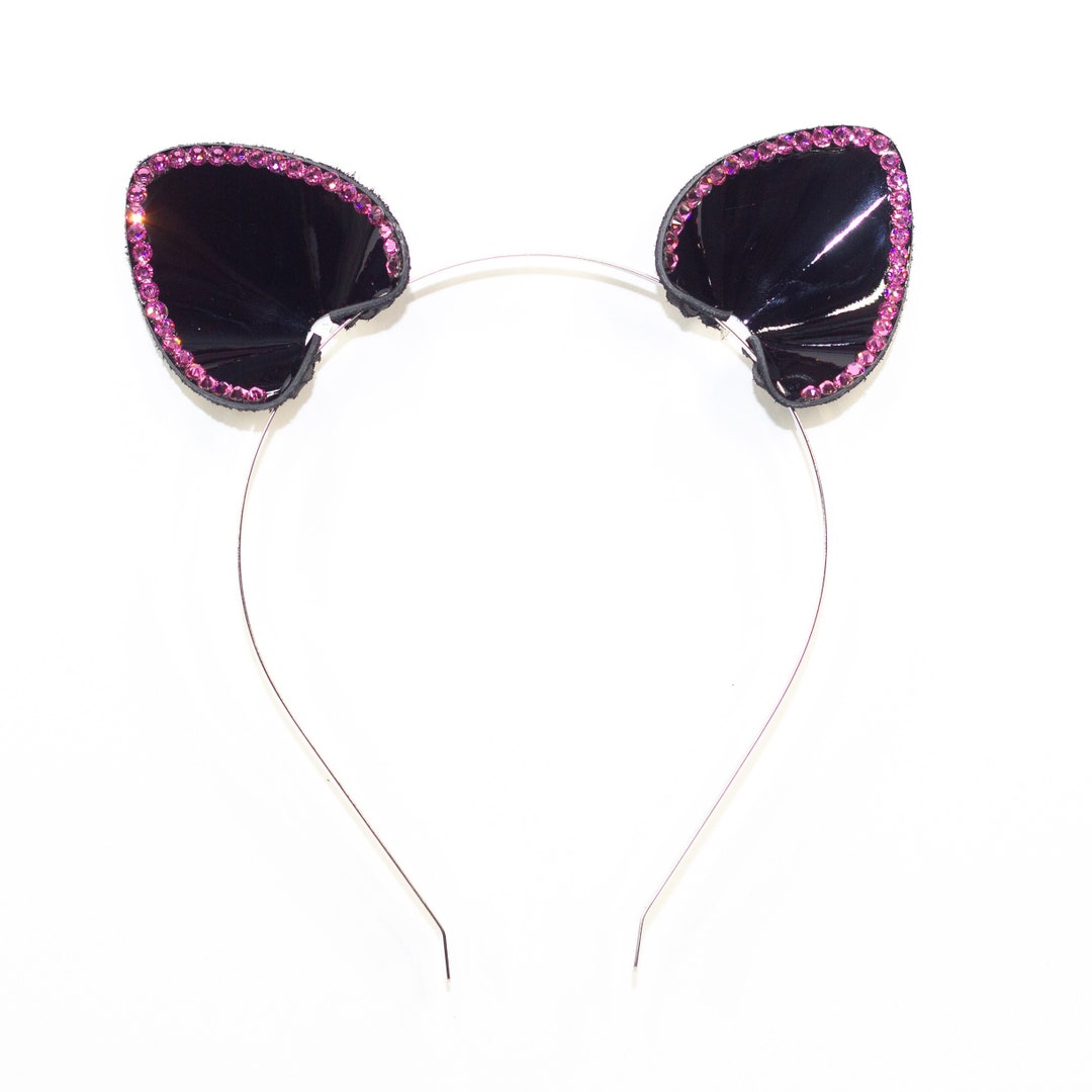 Rose Pink Swarovski Crystal Kitten Ears - Black Patent  display picture 2