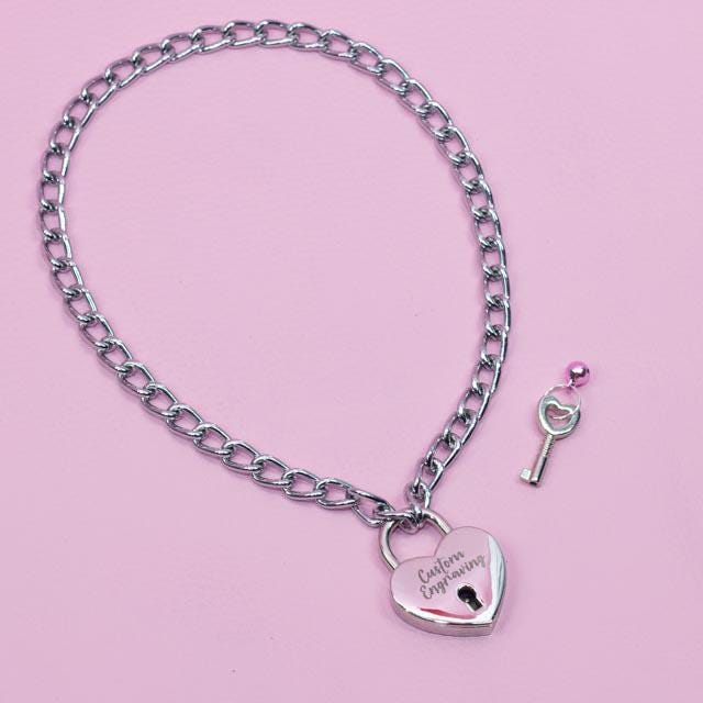 Custom Engraved Locking Heart Padlock Necklace - Choose Size