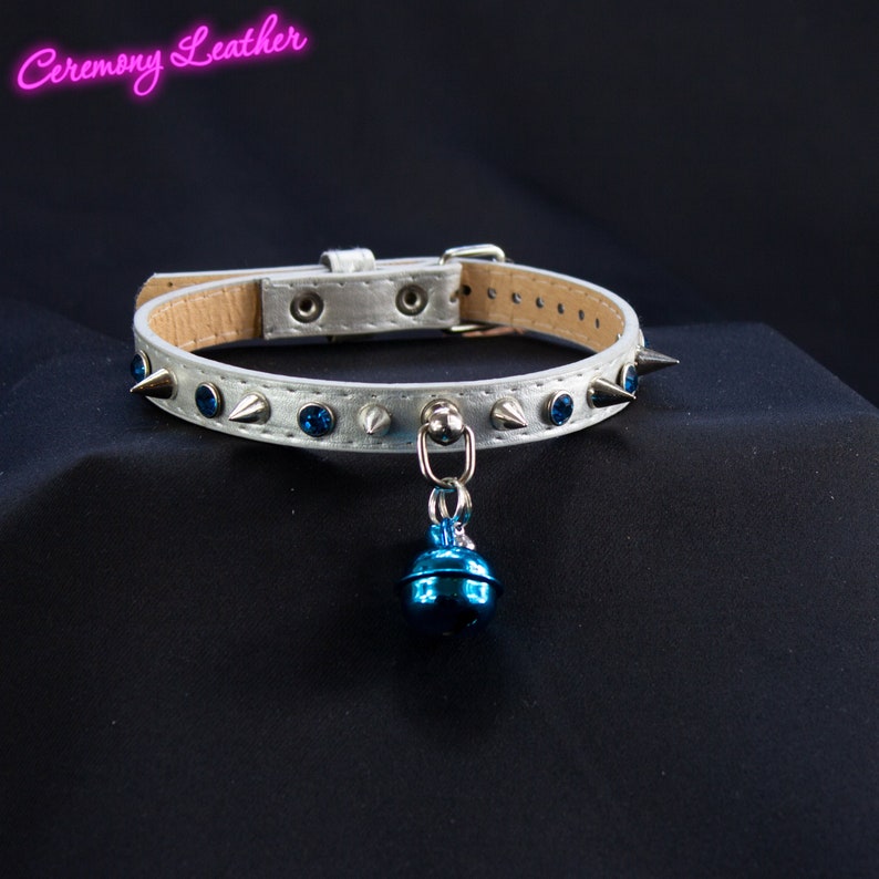 11-14 Silver Vegan Aqua crystal and silver spike collar choker bdsm collar kittenplay littlespace submissive MATURE