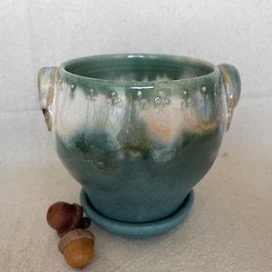 pottery planter in matte green and white, handmade planter, indoor herb planter, ceramic planter, garden gift, birthday gift, ready to ship