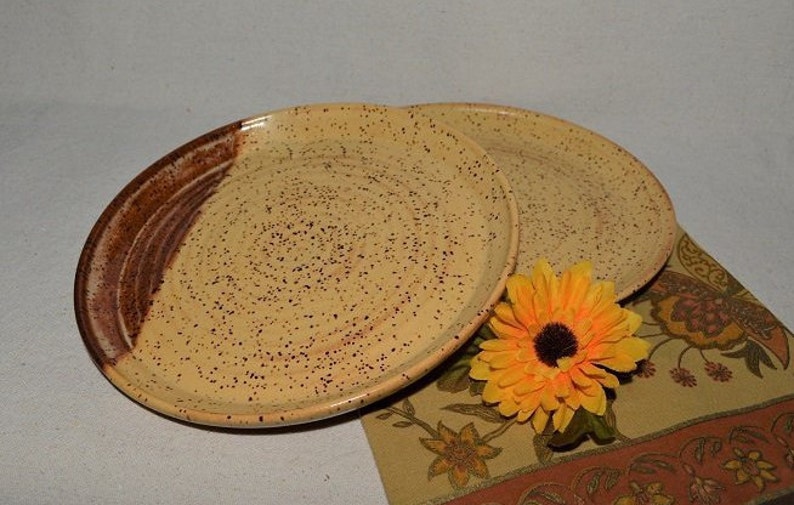 pair of pottery plates ceramic dinnerware yellow salad plates priority shipping handmade dessert dishes