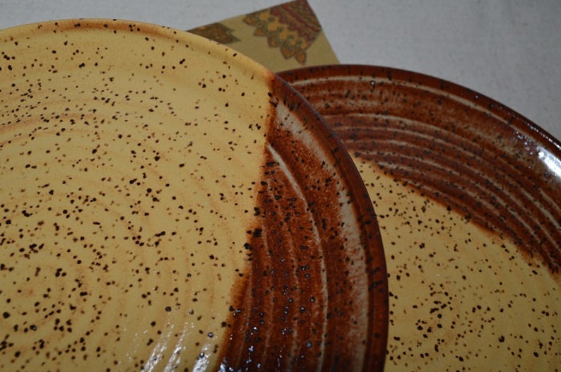 pair of pottery plates ceramic dinnerware yellow salad plates priority shipping handmade dessert dishes