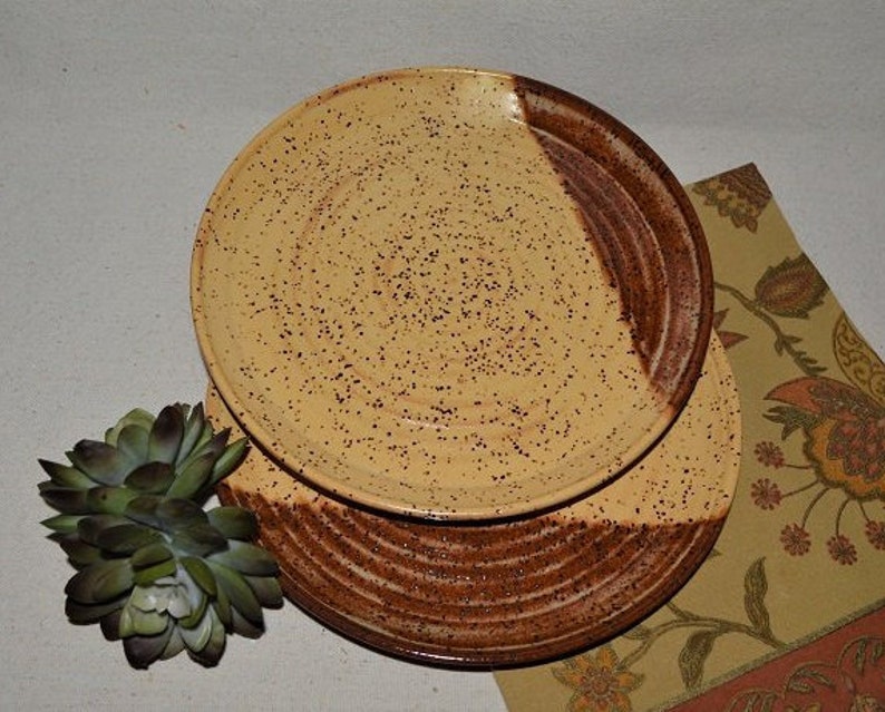pair of pottery plates ceramic dinnerware yellow salad plates priority shipping handmade dessert dishes