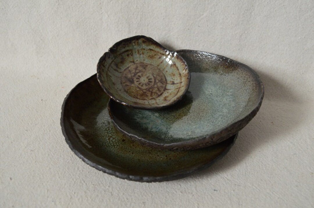 Pottery Plate Set of 3 Textured Plate Set Handmade Pottery Etsy