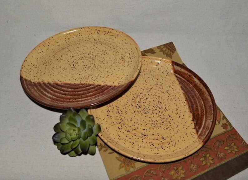 pair of pottery plates ceramic dinnerware yellow salad plates priority shipping handmade dessert dishes
