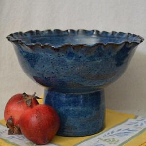 handmade pottery compote, blue serving bowl, trifle bowl, wedding gift, ready to ship