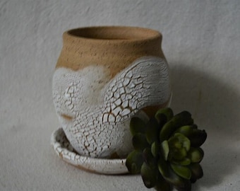 handmade pottery planter, ceramic planter in white crackle glaze, indoor planter, mini planter, garden gift, ready to ship