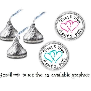 108 Wedding Heart Kiss Candy Label Wrapper Favors Stickers Favors~ 12 Graphics to choose from!