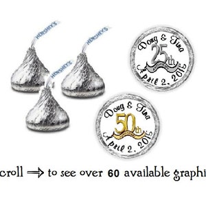 108 Anniversary Theme Kiss Personalized Label Wrapper Favors Stickers ~ 25th, 50th, 60th, 40th ~ Over 60 Graphics to Choose From