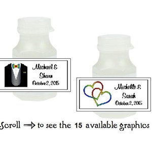 May include: Two clear plastic bubble bottles with labels. The labels have a tuxedo with a rainbow bow tie and the text "Michael & Shar October 2, 2015". The second label has two rainbow hearts and the text "Michelle E. Sarah October 2, 2015".