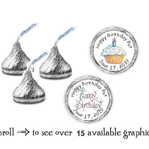 108 Personalized Happy Birthday Kiss Favor Labels ~Over 15 graphics to choose from~