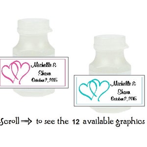 May include: Two clear plastic bubble bottles with labels. The labels are white with black text and a pink or turquoise heart design. The text on the labels reads "Michelle & Shaun October 2, 2015".