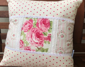 Floral Cottage Patchwork Pillow Cover, Shabby Chic Pillow Cover, Quilted Cushion Cover, Quilted Pillow, Fits 16 inch insert