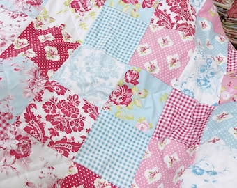 Ready To Ship_Darla Quilt, Patchwork Baby Girl Quilt, Patchwork Quilt Blanket, Minky Patchwork, Shabby Chic Quilt, Pink Red Blue, Vintage