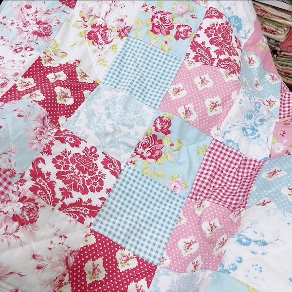 Ready To Ship_Darla Quilt, Patchwork Baby Girl Quilt, Patchwork Quilt Blanket, Minky Patchwork, Shabby Chic Quilt, Pink Red Blue, Vintage