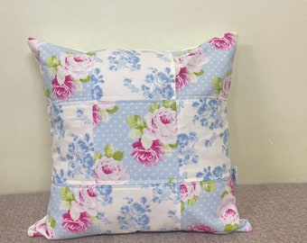 Floral Patchwork Pillow Cover, Cottage and Shabby Chic, Quilted Pillow, Fits 16 inch insert; 16 x 16