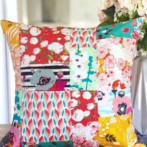 Modern Floral Patchwork Pillow Cover, Quilted Cushion Cover, Quilted Pillow, Art Gallery Designer Fabrics, 18 x 18 inches