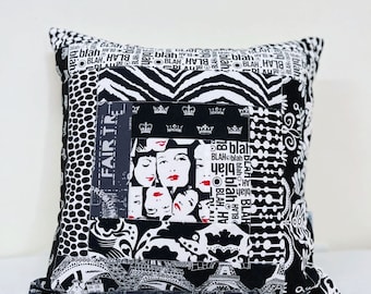 Black and White Log Cabin Patchwork Pillow Cover, Grungy Cushion Cover, Patchwork Cushion, Log Cabin, Fits 18 inch insert, 18 x 18