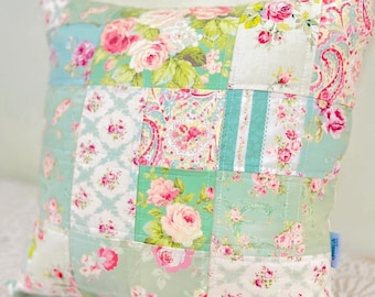 Aqua Rose Patchwork Pillow Cover, Shabby Chic Pillow Cover, Quilted Cushion Cover, Quilted Pillow,Fits 18 inch insert_ 18 x 18_MADE TO ORDER