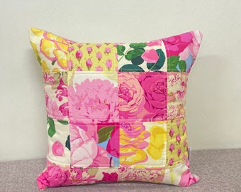 Quilted Floral Patchwork Pillow Cover, Shabby Chic Pillow Cover, Cushion Cover, Quilted Cushion, Quilted Pillow, 16x16 Fits 16 inch insert