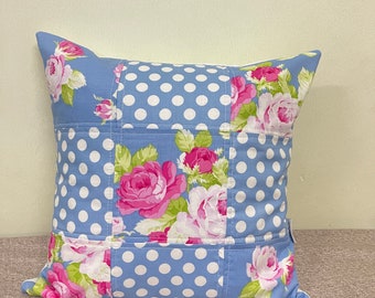 Floral Patchwork Pillow Cover, Cottage and Shabby Chic, Quilted Pillow, Fits 16 inch insert; 16 x 16