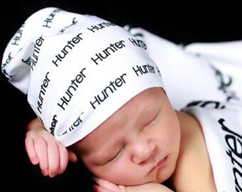 Gorro de bebé personalizado, gorro personalizado, manta con nombre, gorro con nombre, gorro de bebé, manta para envolver al bebé, regalo para baby shower, gorro de hospital
