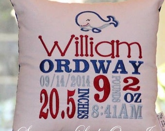 Whale Birth Announcement Pillow...Embroidered and Unique