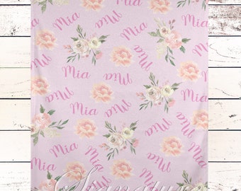 Personalized Baby Blanket Girl - Floral Baby Girl Blanket - Baby Name Blanket -Baby Shower Gift Personalized Baby Gift- Pink Floral Nursery
